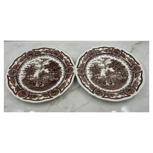 J&G Meakin Americana Brown Transferware Ironstone Dinner Plates Set of 2 England